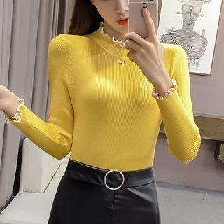 Contrast Trim Lettuce Edge Long-sleeve Knit Top