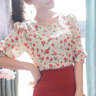 Puff-sleeve Floral Top Beige - One Size