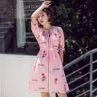 Rose Embroidered Elbow-sleeve A-line Dress