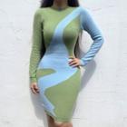 Long Sleeve Mock-neck Two-tone Knit Bodycon Dress