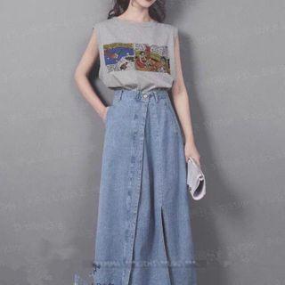 Printed Sleeveless Top / Maxi A-line Denim Skirt / Set