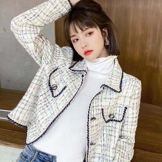Color-block Trim Houndstooth Long-sleeve Jacket