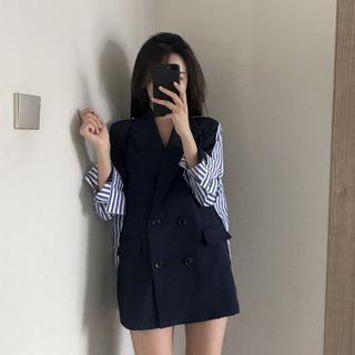 Striped Panel Double-breasted Blazer Dark Blue - One Size
