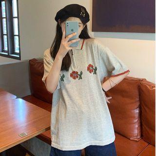 Elbow-sleeve Print Polo Shirt Gray - One Size