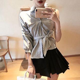 Striped One-shoulder Shirt / Pleated Skirt