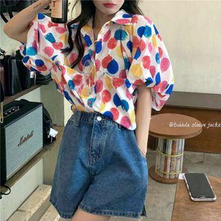 Puff-sleeve Dotted Blouse / Denim Shorts