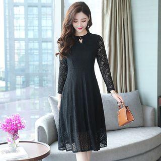 Long-sleeve Keyhole Front Midi A-line Lace Dress