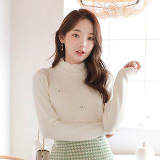 Layered-neck Faux-pearl Detail Knit Top