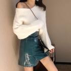 Plain Sweater / Faux Leather Mini A-line Skirt