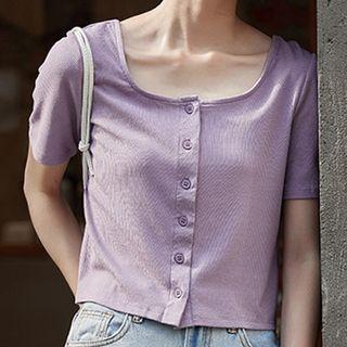 Short-sleeve Scoop-neck Button-up T-shirt