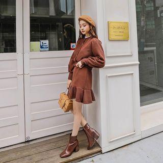 Set: Round-neck Puff-sleeve Cardigan + Band-waist Ruffle-hem Skirt