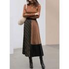 Plaid-panel Faux-suede Long Pleated Skirt