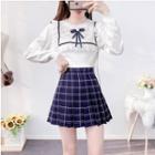 Lace Panel Sweater / Plaid Mini Pleated Skirt / Set