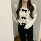 Long-sleeve Ruffled Bow-accent Knit Top White - One Size