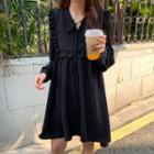 Long-sleeve Frill Trim Chiffon Dress Black - One Size