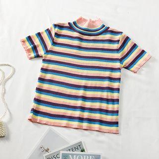 Mock-neck Striped Light Knit Top Pink - One Size