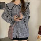 Peter Pan Collar Plaid Long-sleeve Top Black & White - One Size