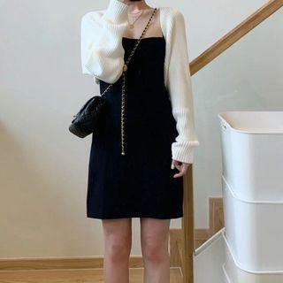 Set: Long Sleeve Knit Shawl + Spaghetti Strap Mini A-line Dress