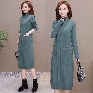 Mock-turtleneck Ribbed Midi Sweater Dress
