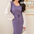 Plus Size Contrast-sleeve Belted Long Dress