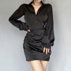 Balloon-sleeve Open Back Mini Shirt Dress