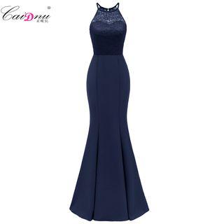 Sleeveless Lace Paneled Maxi Mermaid Dress