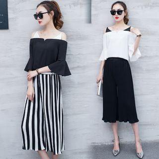 Set: Elbow-sleeve Mock Two Piece Top + Cropped Wide Leg Pants