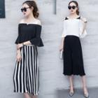 Set: Elbow-sleeve Mock Two Piece Top + Cropped Wide Leg Pants