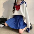 Set : Long-sleeved Sweater With Bow + Skirt