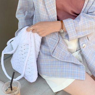 Double-breasted Plaid Blazer Sky Blue - One Size