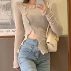 Ruffle Trim Knit Crop Top Cream Beige - One Size