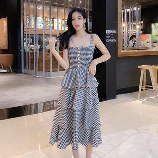 Plaid Strappy Midi Tiered Dress
