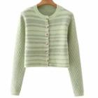 Long Sleeve Striped Crop Cardigan Green - One Size
