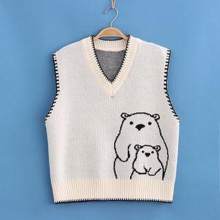 Bear Jacquard V-neck Knit Vest