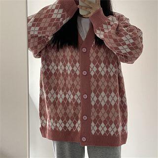Long-sleeve Argyle Cardigan Pink - One Size