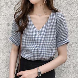 Short-sleeve V-neck Button-up Plaid Blouse