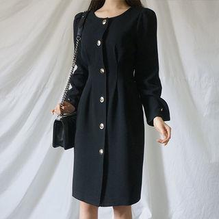 Round-neck Pintuck-waist Midi Dress