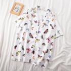 Butterfly Print Short-sleeve Blouse Shirt - White - One Size