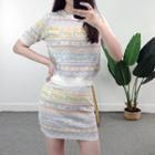 Set: Short-sleeve Patterned Knit Top + Mini Pencil Skirt Set Of 2 - Light Yellow & Pink & Light Blue - One Size