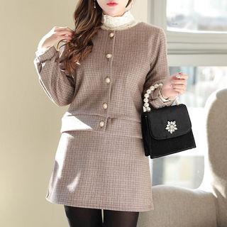 Set: Faux-pearl Checked Jacket + A-line Miniskirt