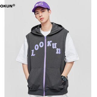 Sleeveless Lettering Hooded Zip-up Top