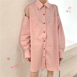 Cutout Long-sleeve Loose-fit Shirt Pink - One Size