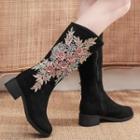 Flower Embroidered Chunky-heel Mid-calf Boots