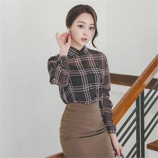 Sheer-sleeve Plaid Shirt