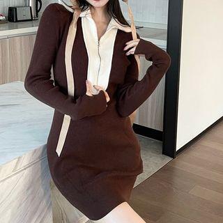 Long-sleeve Collared Zip Knit Mini Sheath Dress