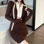 Long-sleeve Collared Zip Knit Mini Sheath Dress