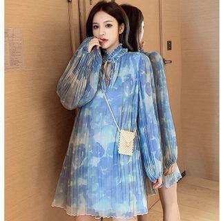 Tie-neck Floral Pleated Mini A-line Dress
