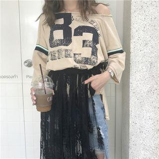 Number Print Off Shoulder 3/4 Sleeve T-shirt