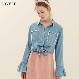Stand-collar Bell-sleeve Long-sleeved Loose-fit Oversized Pocketed Straight Plain Denim Blouse