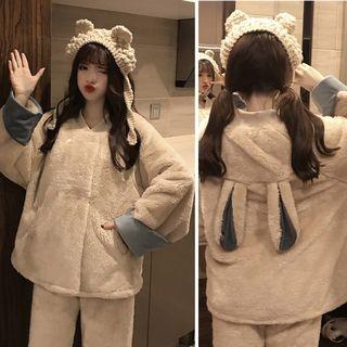 Loungewear Set: Rabbit Ear Double-breasted Furry Top + Pants